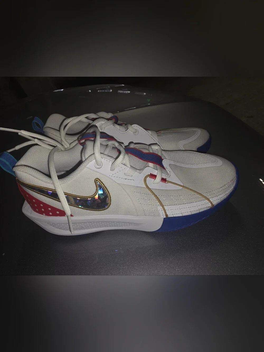 Brand New Nike 6.5Y White Sneakers with Holographic Gold Swoosh and Blue. No Box
